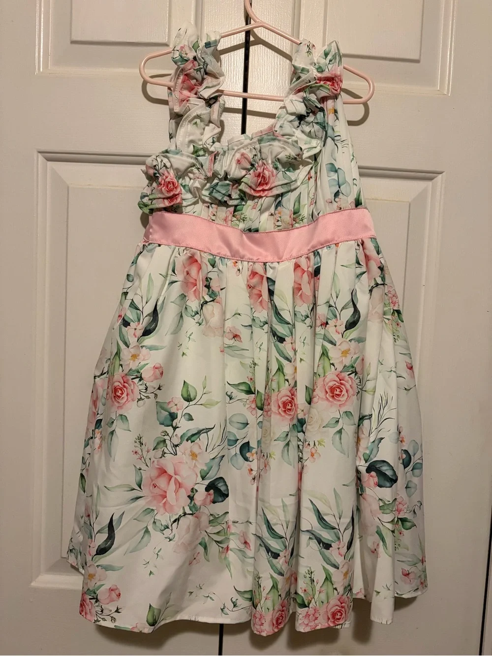 Girls White Floral Ruffle Strap Special Occasion Dress with Pink Sash